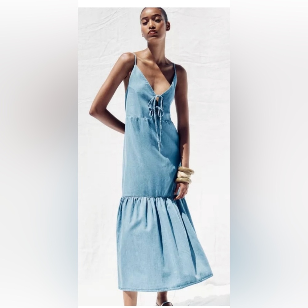 Zara NWT Blue Denim maxi Dress with tie front and back.